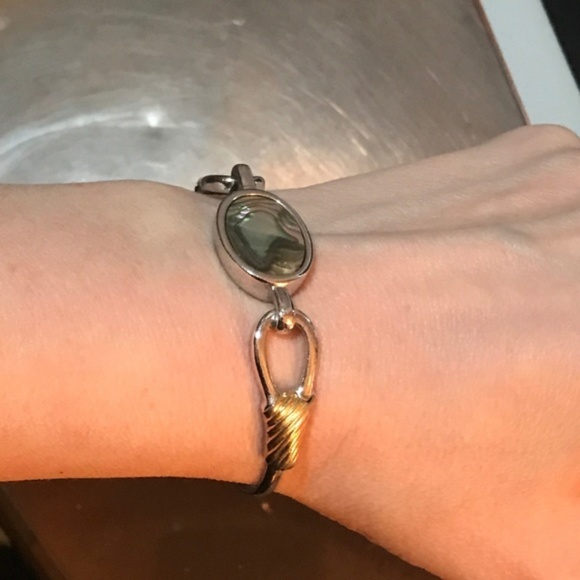 Abalone Hinged Bracelet Silver Cuff Gold Details 6 - Picture 5 of 5